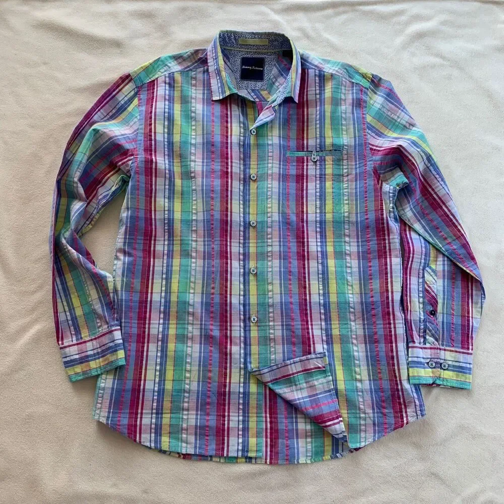 TOMMY BAHAMA Madras Plaid Multicolor Cotton Silk Shirt Pocket Men’s Size Large - Picture 8 of 11